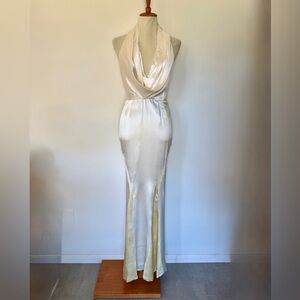Vintage stunning creamy white silk halter wedding dress w/ bias yellow panels